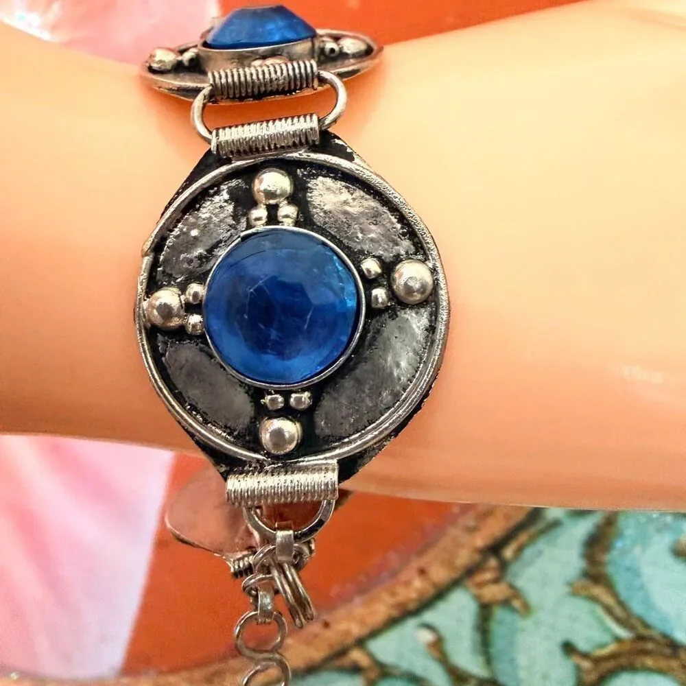 Vintage Tibetan Style Blue Art Glass Link Bracelet